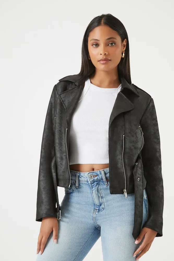 Women's Belted Moto Jacket in Black Large