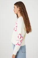 Women's Fuzzy Flower Print Sweater in White Medium