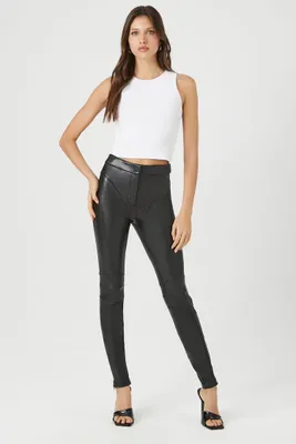 Women's Seamed Faux Leather Skinny Pants in Black, XS