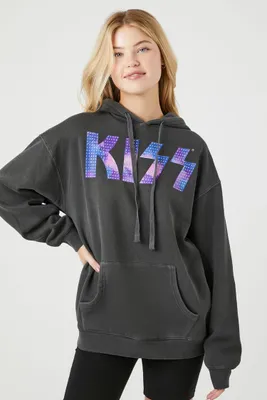 Women's Rhinestone KISS Fleece Graphic Hoodie in Black Medium
