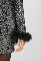 Women's Sequin Feather-Trim Mini Dress in Black/Silver Small