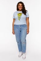 Women's Sequin Happy Face Graphic T-Shirt in Blue, 1X