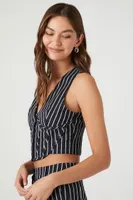 Women's Striped Button-Front Crop Top in Navy/White Large