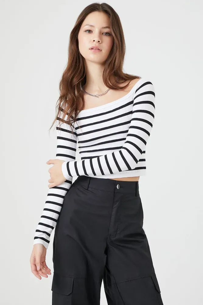 Women's Seamless Striped Crop Top in White/Black, L/XL