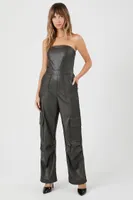 Women's Faux Leather Tube Cargo Jumpsuit in Charcoal, XS