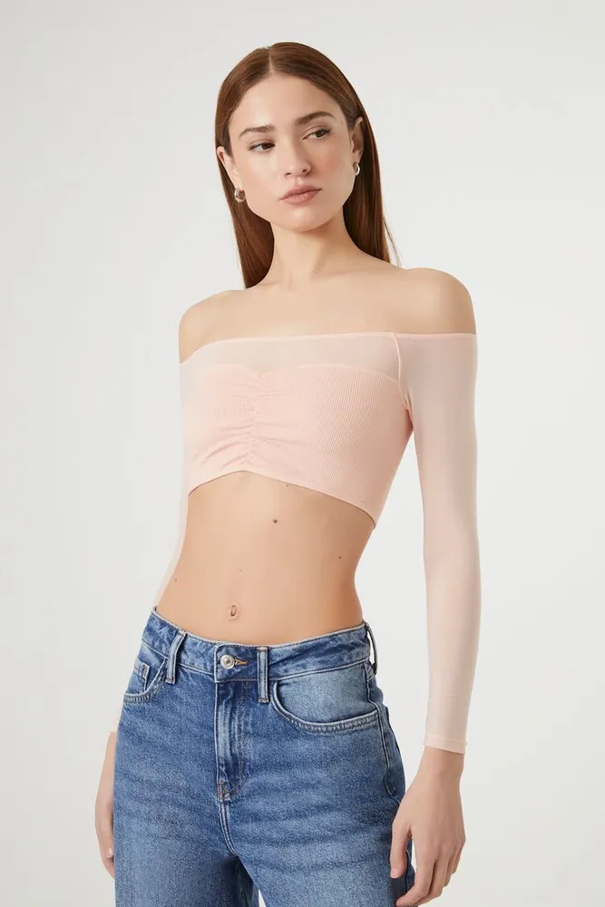 Women's Seamless Off-the-Shoulder Crop Top in Pink, S/M