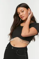 Women's Faux Pearl-Trim Crop Top in Black, XS