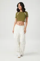 Women's Cropped Striped-Trim T-Shirt Olive/White