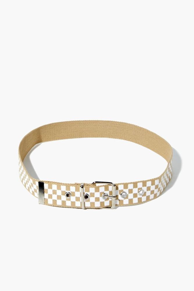 Checkered Print Belt in Tan/White, XS/S