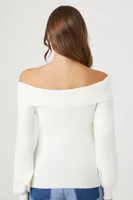 Women's Fitted Off-the-Shoulder Sweater in White Large