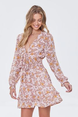 Women's Floral Print Peasant Sleeve Dress in Taupe Small