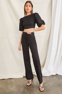 Women's Puff-Sleeve Crop Top & Pants Set in Black Medium