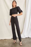 Women's Puff-Sleeve Crop Top & Pants Set in Black Medium