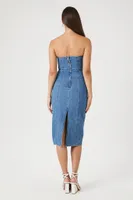 Women's Strapless Denim Midi Dress in Medium Denim, XL