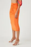 Women's Mesh Ruched Midi Skirt in Orange Medium