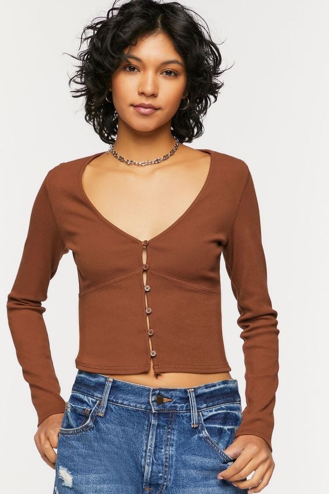 Women's V-Neck Button-Front Crop Top in Chocolate Small