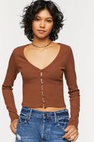 Women's V-Neck Button-Front Crop Top in Chocolate Medium