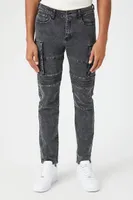 Men Slim-Fit Cargo Moto Jeans in Washed Black, 32