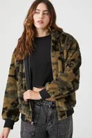 Women's Reversible Faux Fur Camo Bomber Jacket in Black Medium