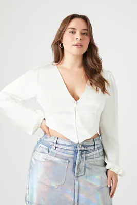 Women's Satin V-Hem Crop Top in White, 3X