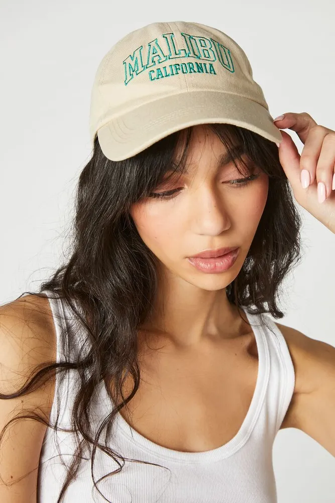 Malibu Embroidered Baseball Cap in Tan/Green