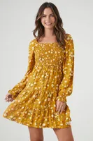 Women's Smocked Floral Print Mini Dress in Mustard, XL