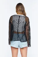 Women's Floral Crochet Tie-Front Jacket in Black, XS