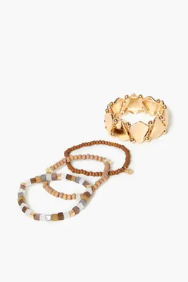 Women's Beaded Hammered Disc Bracelet Set in Gold/Brown