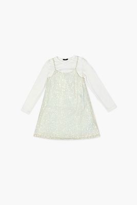 Girls Sequin Dress & Tee Set (Kids) in White/Cream, 13/14