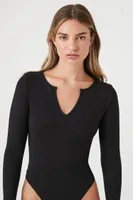 Women's Split-Neck Long-Sleeve Bodysuit in Black Small