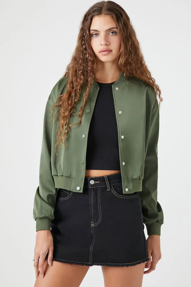 Women's Satin Bomber Jacket in Olive, XL