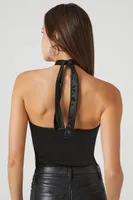 Women's Satin Rosette Halter Bodysuit in Black Small