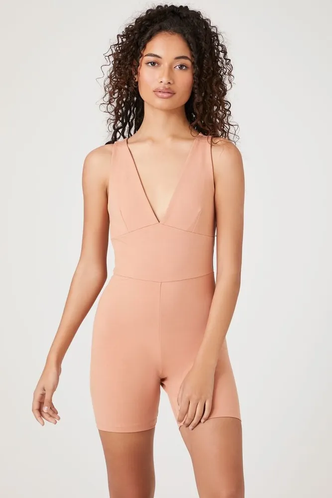 Women's Plunging Sleeveless Romper in Almond Medium