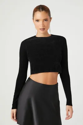 Women's Cropped Long-Sleeve Sweater in Black, XL