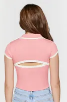 Women's Half-Zip Striped Cutout Top in Pink Small