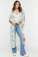 Women's Floral Print Butterfly-Sleeve Kimono in Ivory/Sage Large