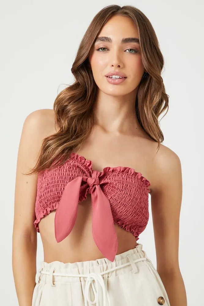 Women's Smocked Tie-Front Crop Top