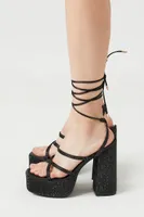 Women's Rhinestone Lace-Up Platform Heels Black,