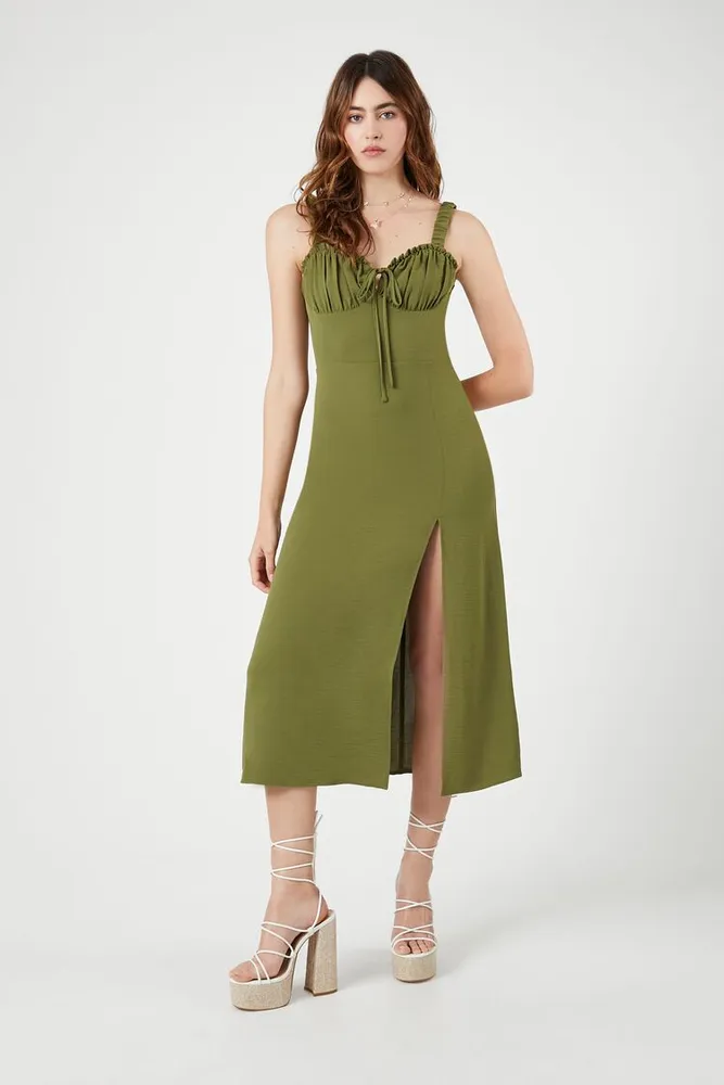 Women's Ruffle-Trim Sweetheart Midi Dress in Olive Medium