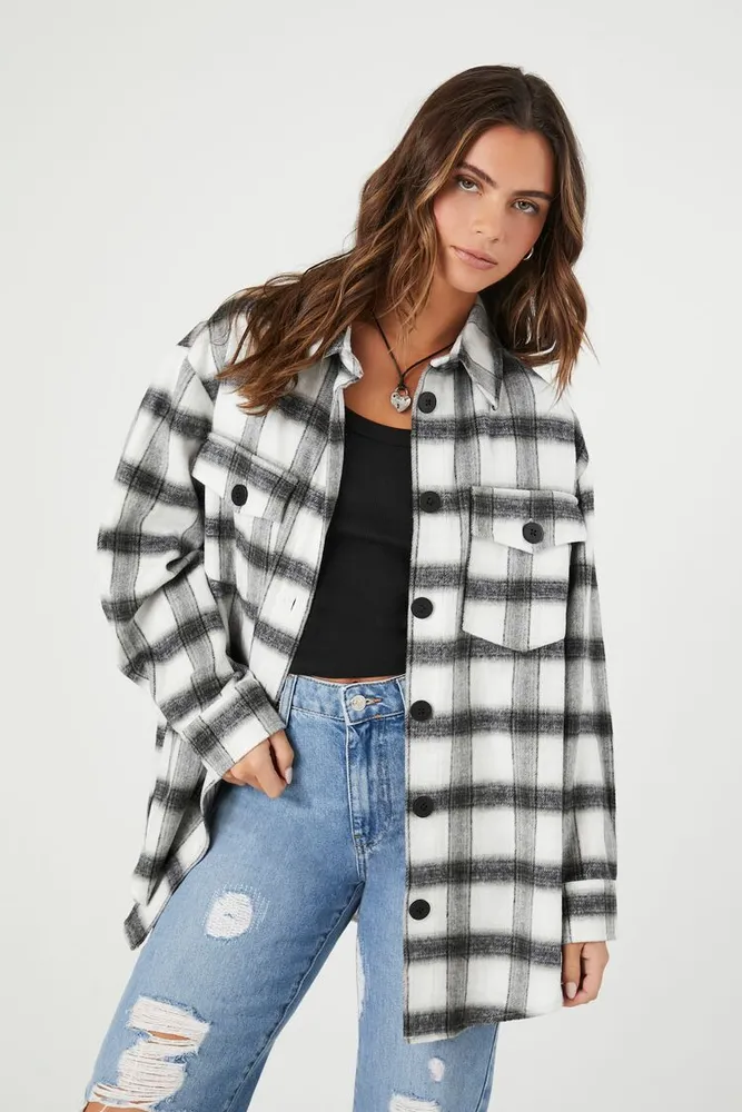 Women's Plaid Drop-Sleeve Longline Shacket in White/Black, XS