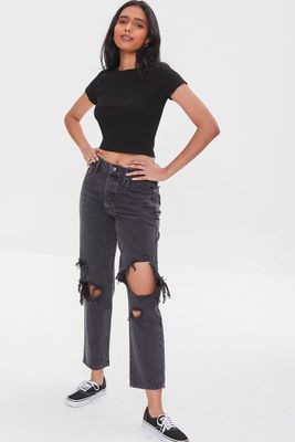Women's Recycled Cotton Distressed Mom Jeans Washed Black,