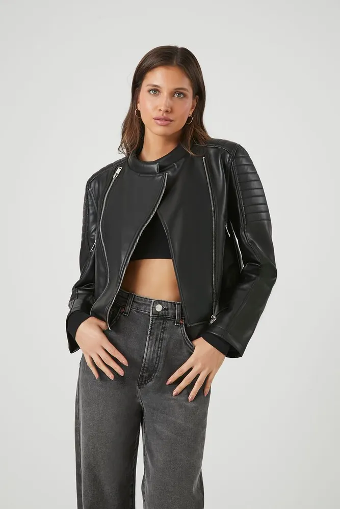 Women's Dual-Zip Faux Leather Moto Jacket in Black Small