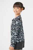 Girls Floral Print Cami & Cardigan Sweater Set (Kids) in Black/Blue, 11/12