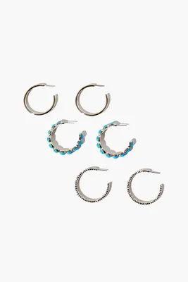 Women's Faux Stone Hoop Earring Set in Silver/Blue