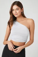 Women's Ruched One-Shoulder Crop Top in Light Grey, XL