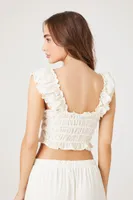 Women's Ruffle Shirred Crop Top in White Large