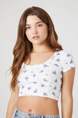 Women's Floral Cropped Henley T-Shirt White