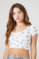 Women's Floral Cropped Henley T-Shirt in White, XL