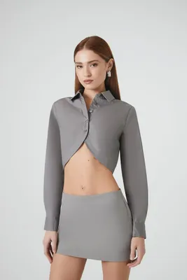 Women's Poplin Notched-Hem Cropped Shirt in Grey, XS