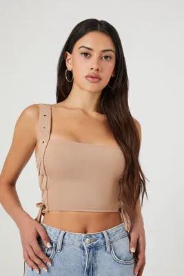 Women's Lace-Up Grommet Crop Top Taupe